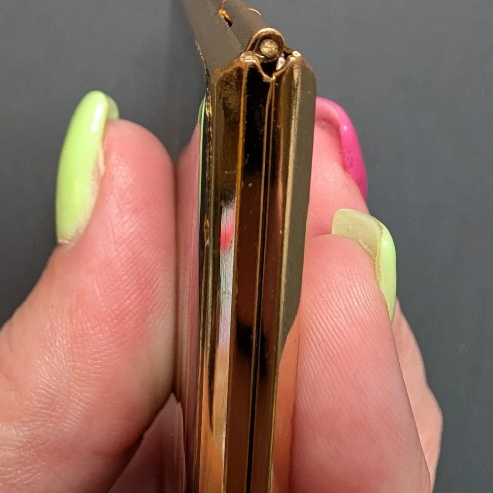 Vintage Gold Tone Cityscape w Moon Marquetry Resin Square Makeup Compact Mirror